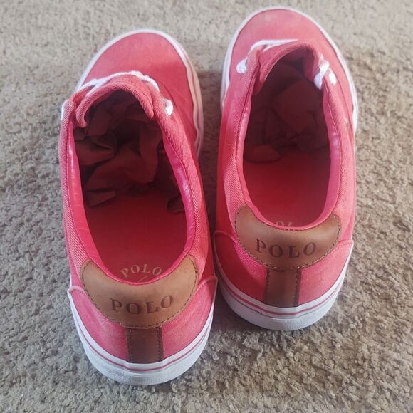 Polo Ralph Lauren Thorton Washed Twill/Leather Red Sneakers Mens SZ 8 PRE-OWNED - Picture 4 of 6